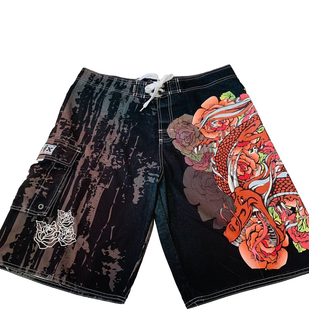 Basix Surf Board Shorts Men XL Tropical Floral Brown Cargo Pocket Beach Swim 10"